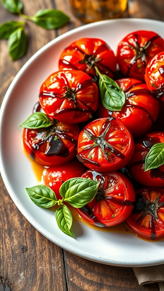 Oven-baked tomatoes with herbs on a rustic plate, garnished with basil.